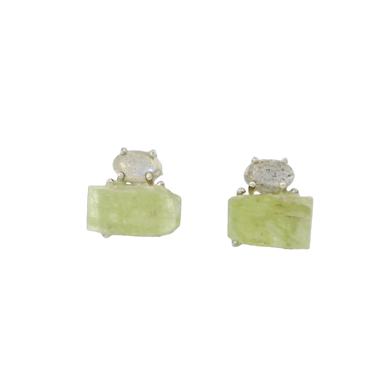 View of Mint Green Kyanite Stud Earrings with Cabochon of Labradorite Prong set in 925 Sterling Silver
