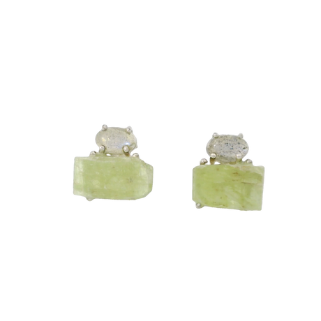 View of Mint Green Kyanite Stud Earrings with Cabochon of Labradorite Prong set in 925 Sterling Silver