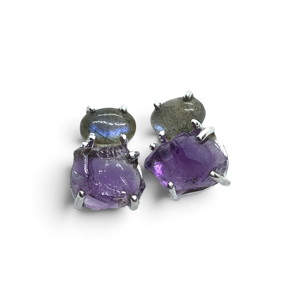 View of Amethyst Stud Earrings with Cabochon of Labradorite Prong set in 925 Sterling Silver