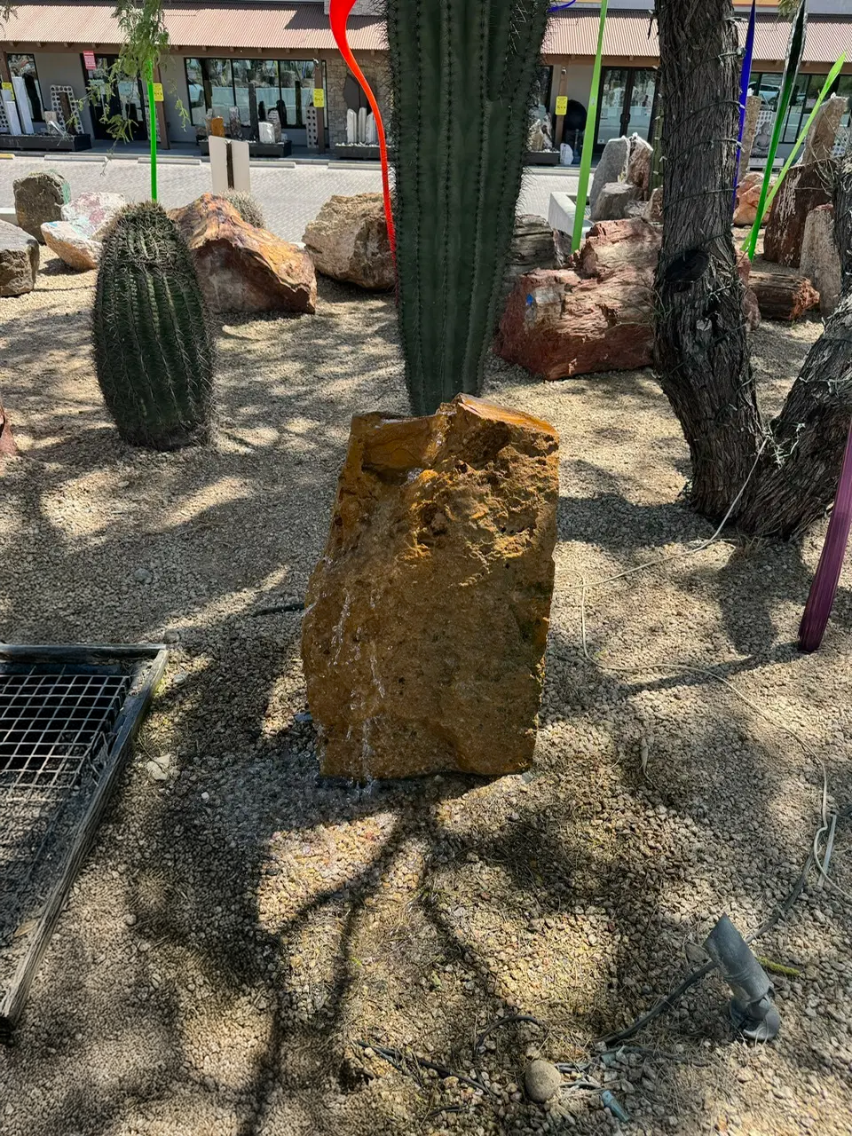View of Travertine Boulder Fountain With Cut Side