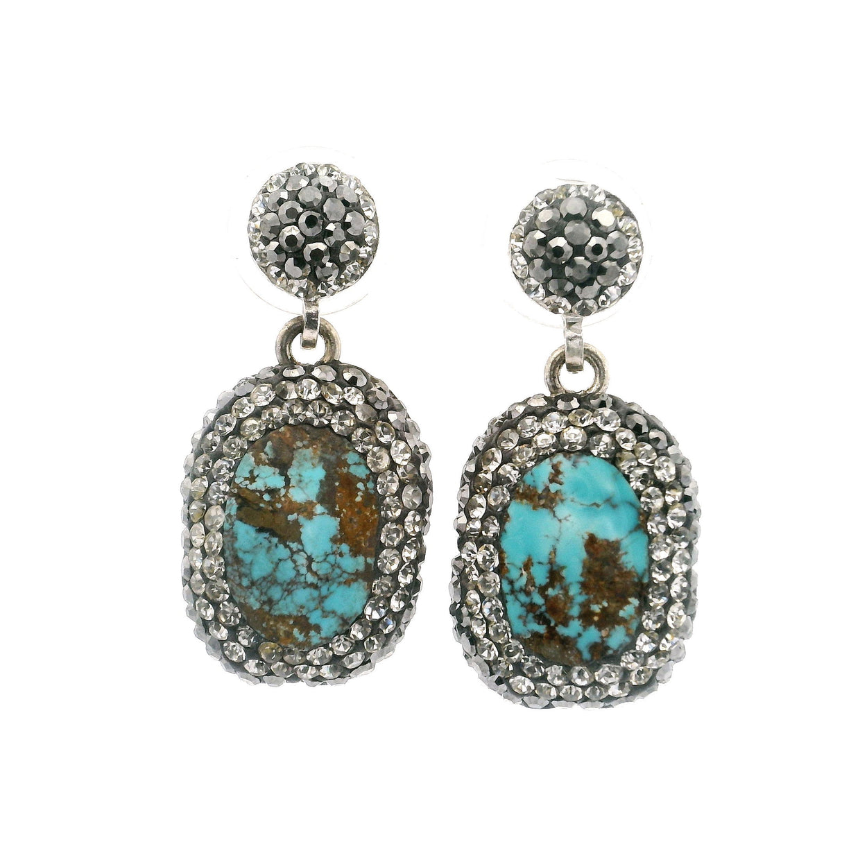 Perisan Turquoise Dangle Earrings - Oval with Brown Inclusions with Rows of Silver Swarovski Crystals & Marcasite Hanging from Round in 925 Sterling Silver