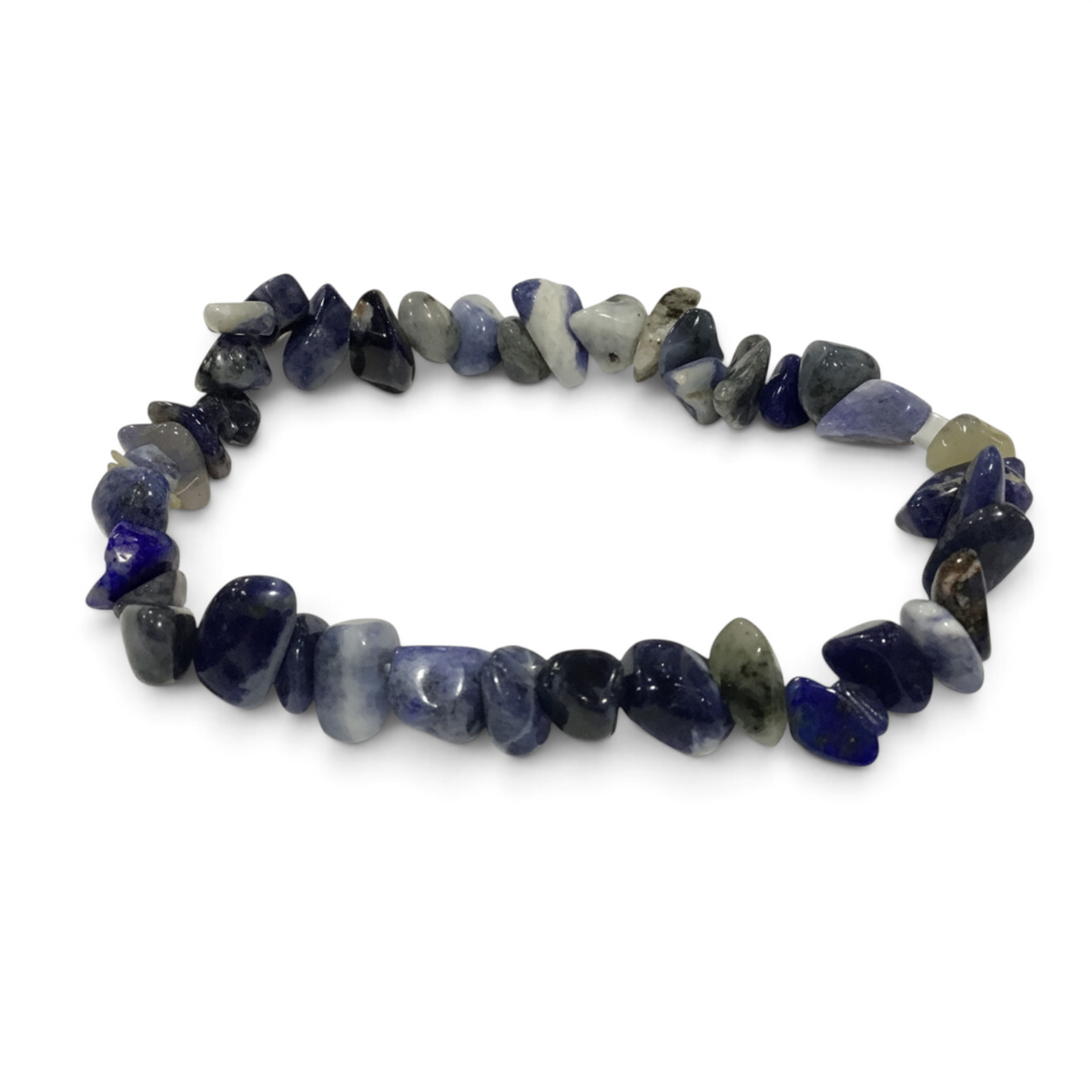 Rare Earth Gallery sodalite chip bracelet featuring polished blue and white natural stone fragments on an elastic band.