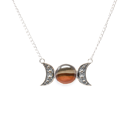 View of Polychrome Jasper Necklace - Round Cabochon with Simple Bezel & 2 925 Sterling Silver Moons with Stars Stamped in Center