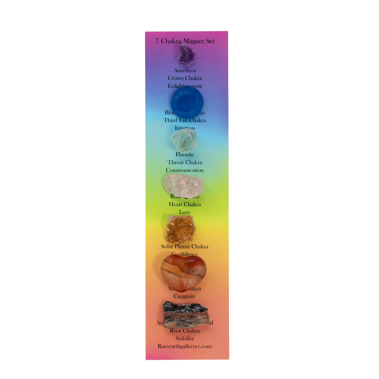 View of 7 Chakra Magnet Set - Set 1 with Amethyst Crystal, Dyed Blue Chalcedony Cabochon, Raw Fluorite Cubic Crystal, Raw Rose Quartz from Brazil, Citrine Crystal Cluster, Carnelian Heart & AZ Petrified Wood