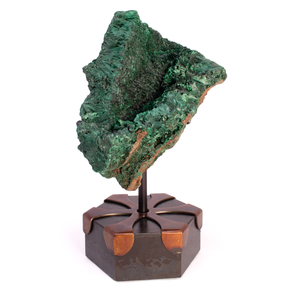 View of Chatoyant Malachite Specimen on Rotating Metal Stand with 2-Tone Patina Finish
