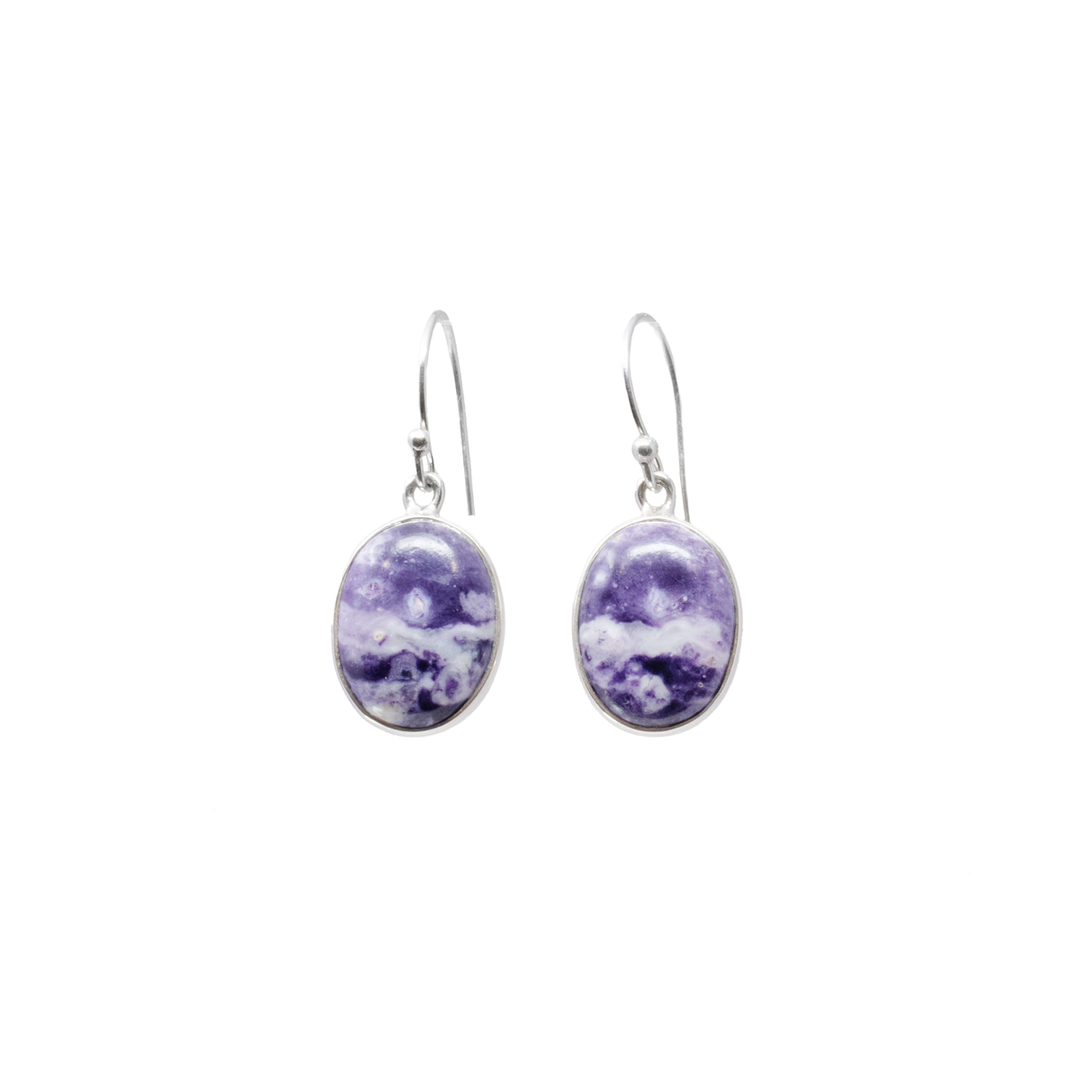 View of Purple Common Opal Dangle Earrings - Oval Cabochon with Simple 925 Sterling Silver Bezel