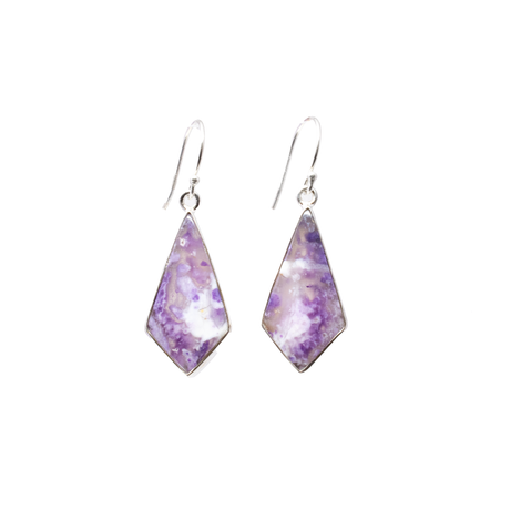 View of Purple Common Opal Dangle Earrings - Reverse Kite Flat Cut Cabochon with Simple 925 Sterling Silver Bezel