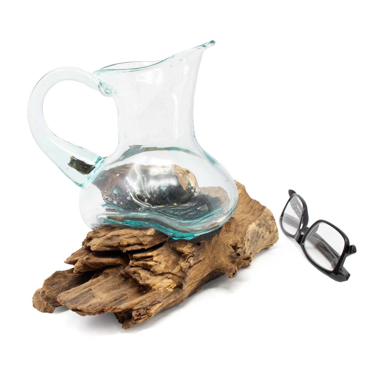 View of Hand-Blown Glass Pitcher Melted over Wood Gamal Root