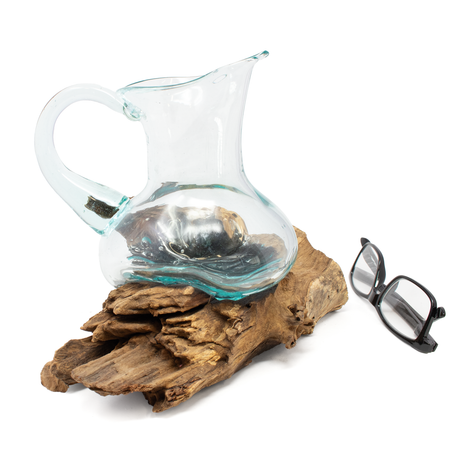 View of Hand-Blown Glass Pitcher Melted over Wood Gamal Root