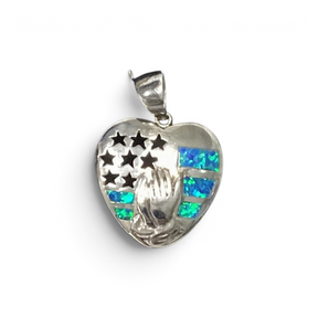 Rare Earth Gallery heart pendant featuring blue opal inlay, American flag stars, and praying hands in silver.
