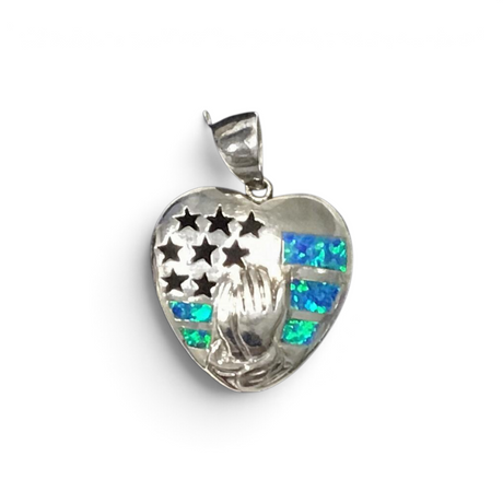 Rare Earth Gallery heart pendant featuring blue opal inlay, American flag stars, and praying hands in silver.