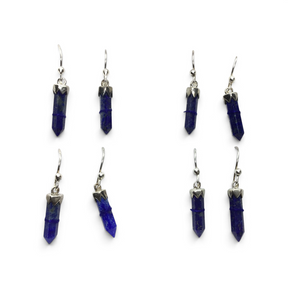 View of Lapis Lazuli Dangle Earrings - Terminated Single Point with 925 Sterling Silver Sharp Scalloped Lantern Bezel