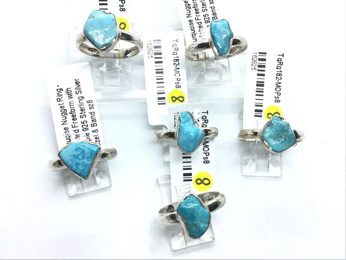 View of Turquoise Nugget Ring - Polished Freeform with Simple 925 Sterling Silver Bezel & Band sz8