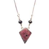 View of Rhodonite Necklace - Kite Cabochon with 2 Faceted Black Spinel Rondelles with 925 Sterling Silver Bezel & Box Chain