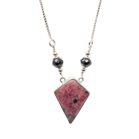 View of Rhodonite Necklace - Kite Cabochon with 2 Faceted Black Spinel Rondelles with 925 Sterling Silver Bezel & Box Chain