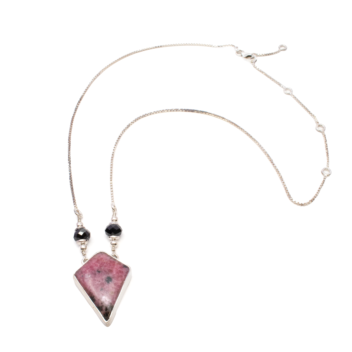Rhodonite Necklace - Kite Cabochon with 2 Faceted Black Spinel Rondelles with 925 Sterling Silver Bezel & Box Chain
