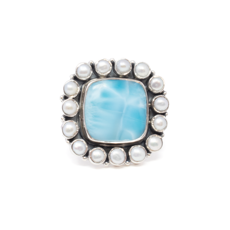 View of Larimar Ring - Square Cabochon with 15 Freshwater Pearl Rounds Set in 925 Sterling Silver Bezel szADJ