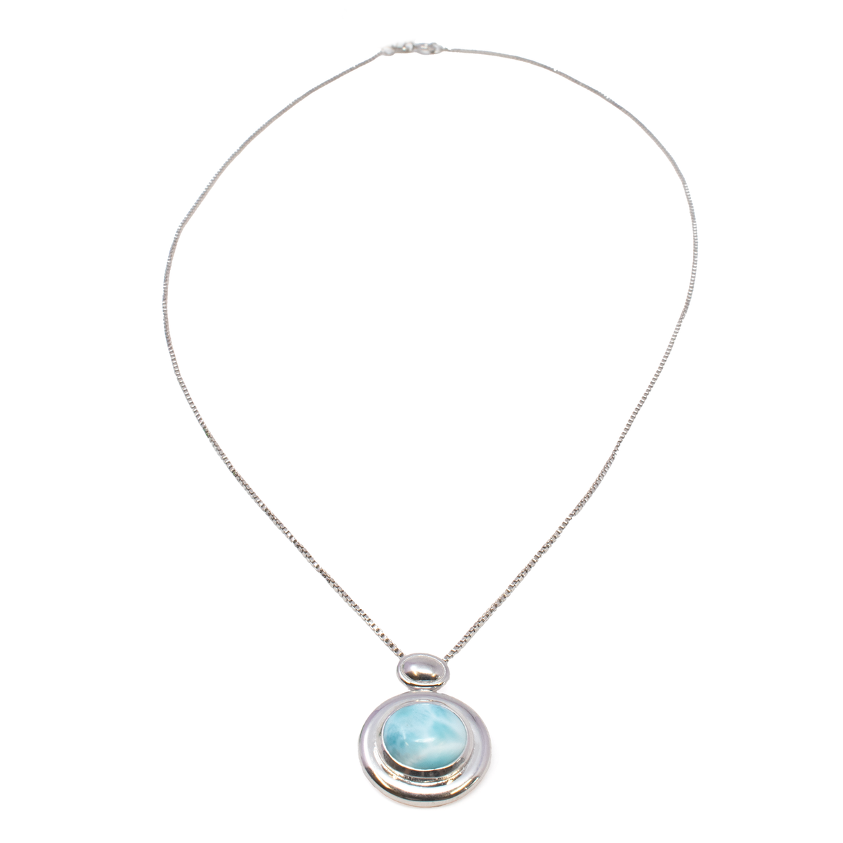 Larimar Necklace - East-West Set Oval Cabochon Set in 925 Sterling Silver Bezel with Wide Edge on Rhodium Box Chain