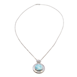 Larimar Necklace - East-West Set Oval Cabochon Set in 925 Sterling Silver Bezel with Wide Edge on Rhodium Box Chain
