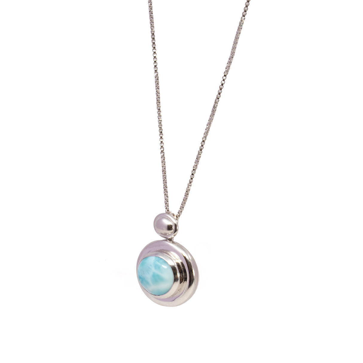 View of Larimar Necklace - East-West Set Oval Cabochon Set in 925 Sterling Silver Bezel with Wide Edge on Rhodium Box Chain