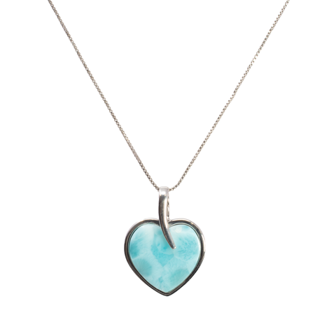 View of Larimar Necklace - Heart Cabochon with 925 Sterling Silver Bezel & Long Bail with Rhodium Box Chain