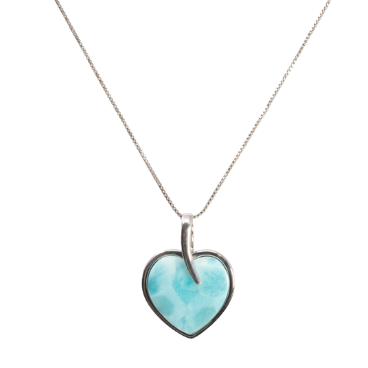 View of Larimar Necklace - Heart Cabochon with 925 Sterling Silver Bezel & Long Bail with Rhodium Box Chain