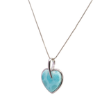 Larimar Necklace - Heart Cabochon with 925 Sterling Silver Bezel & Long Bail with Rhodium Box Chain
