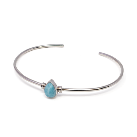 View of Larimar Twist Bracelet Cuff - Dainty Pear Cabochon Set in 925 Sterling Silver Step Bezel on Simple Single Band Cuff