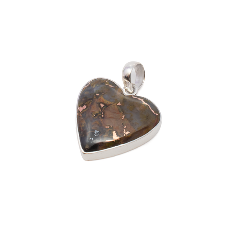 View of Native Copper Pendant - Classic Heart Cabochon with Simple Rhodium Plated 925 Sterling Silver Bezel