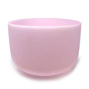 14-inch gem-infused quartz crystal singing bowl in frosted rose pink, front view on white