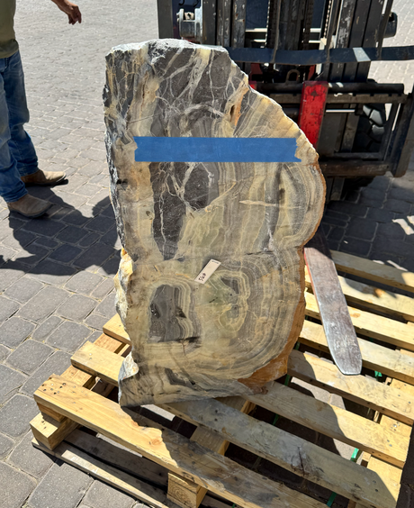 View of Green Talan Onyx Fountain ***NO Basin - Gray Banding & 1 Cut Side