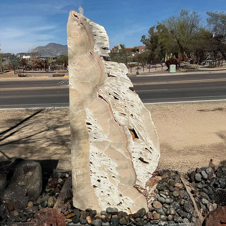 View of Meil Onyx Fountain with 3 Cut Sides and White Fossil Rustic Edge