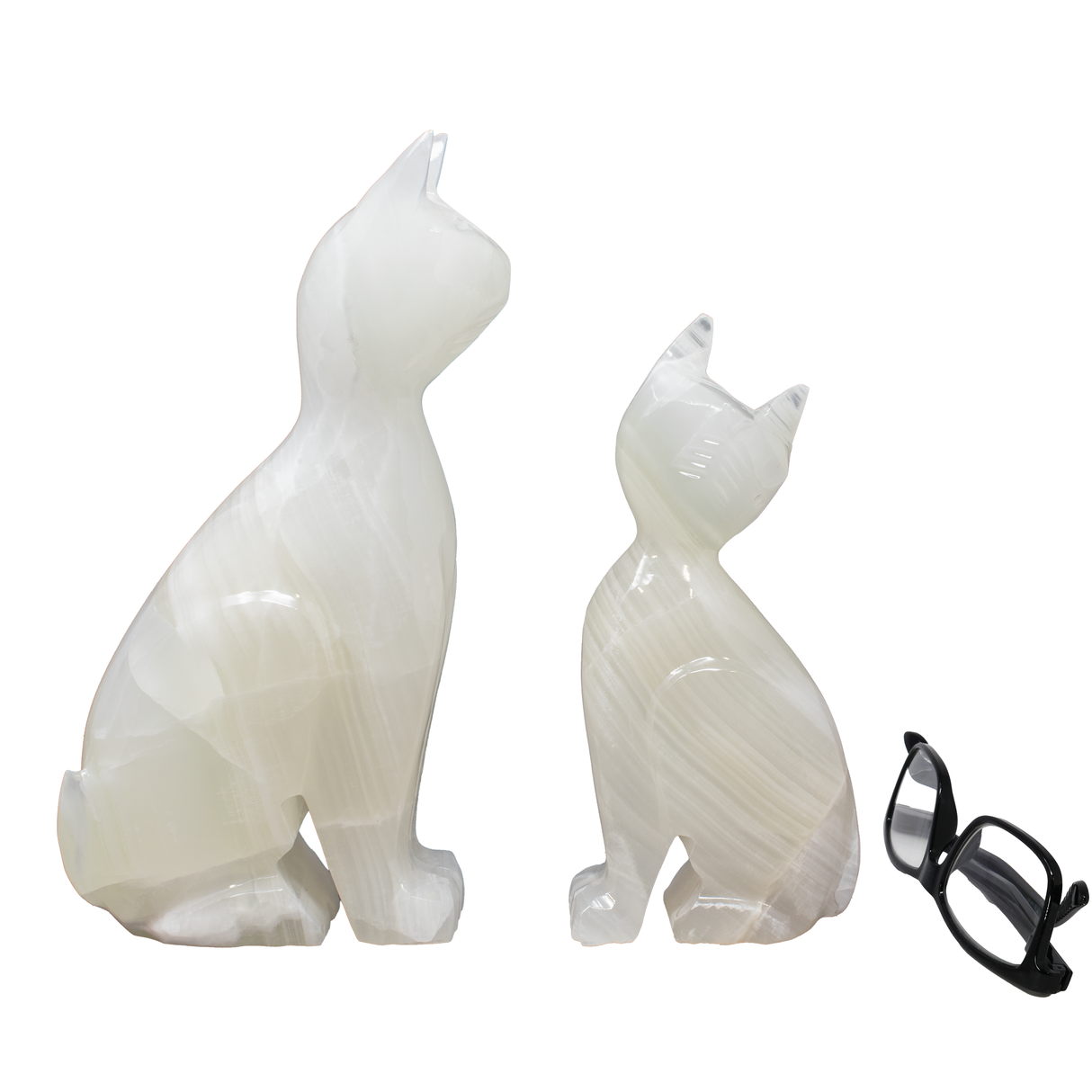 View of Ice White Onyx Cat Carving Duo - Sitting Pretty