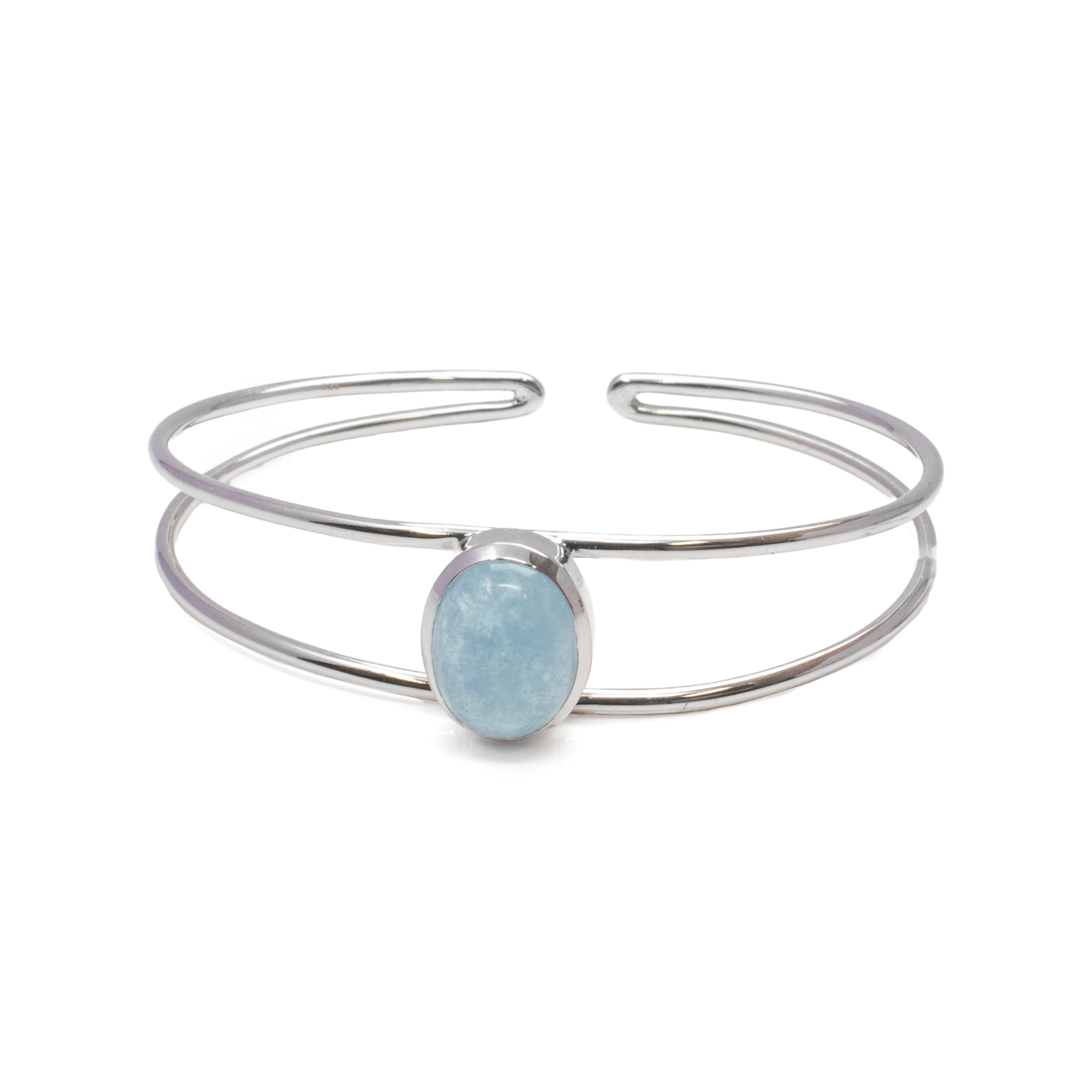 View of Aquamarine Cuff Bracelet - Oval Cabochon Set in 925 Sterling Silver Bezel on 2-Band Cuff