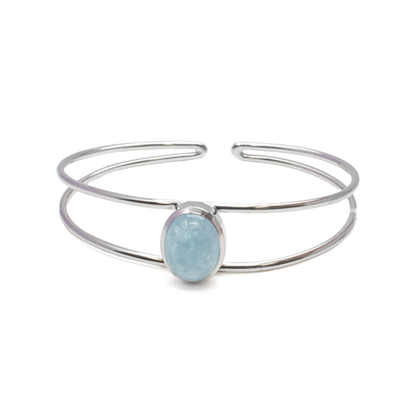 View of Aquamarine Cuff Bracelet - Oval Cabochon Set in 925 Sterling Silver Bezel on 2-Band Cuff