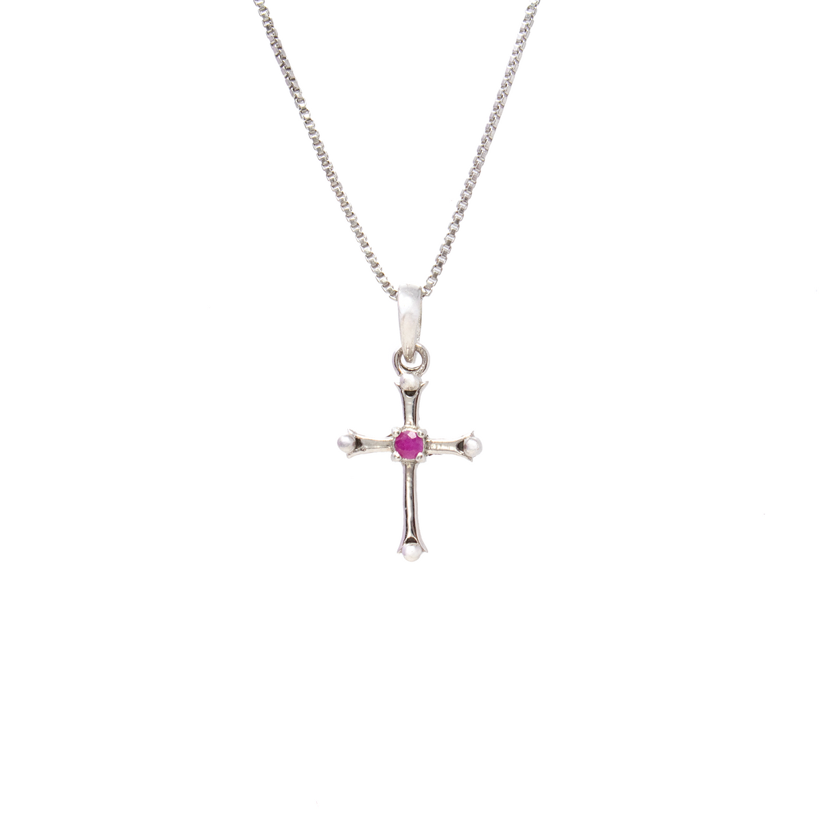 View of Faceted Ruby Necklace - Dainty 925 Sterling Silver (Rhodium Plated) Cross with Prong Set Round in Center & Cutout Edge on Box Chain