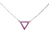 View of Faceted Ruby Necklace - Open Triangle with 18 Prong Set Faceted Rounds on Simple 925 Sterling Silver Box Chain