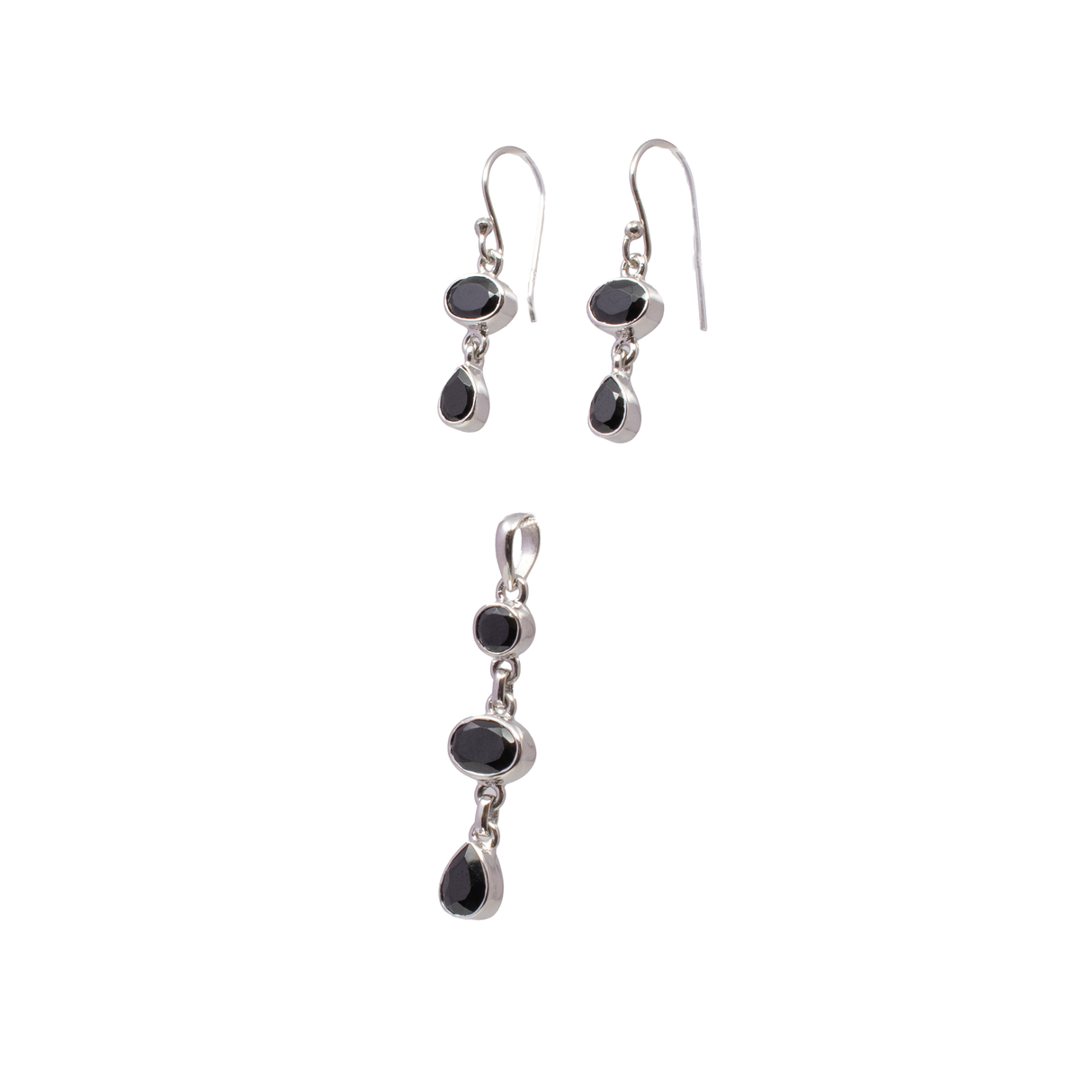 Black Spinel Set - Pendant & Dangle Earrings - Oval & Pear Pendant with Pear Dangle Earrings Set in 925 Sterling Silver