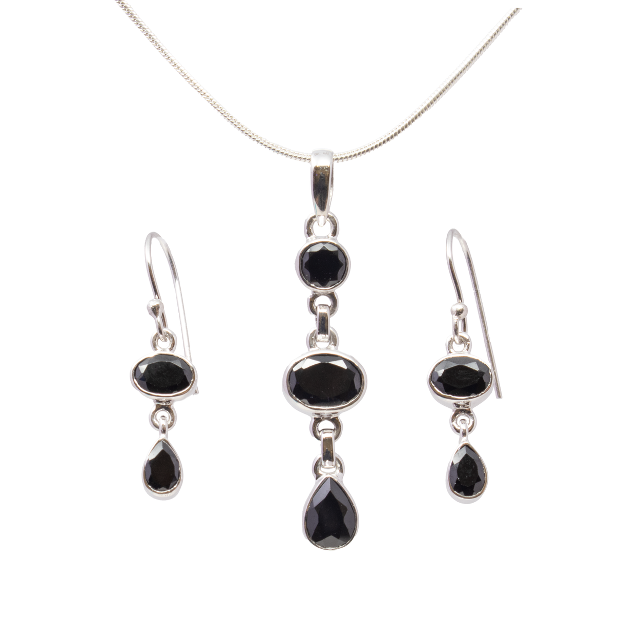 View of Black Spinel Set - Pendant & Dangle Earrings - Oval & Pear Pendant with Pear Dangle Earrings Set in 925 Sterling Silver
