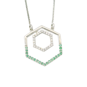 View of Faceted Emerald Necklace - Hexagon with Half Round Pave & Mini Hexagon Inside with White CZ Pave - 925 Sterling Silver Box Chain