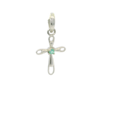 Faceted Emerald Pendant - Dainty 925 Sterling Silver (Rhodium Plated) Cross with Prong Set Round in Center & Cutout Edge