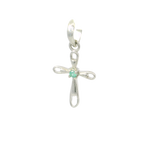 View of Faceted Emerald Pendant - Dainty 925 Sterling Silver (Rhodium Plated) Cross with Prong Set Round in Center & Cutout Edge