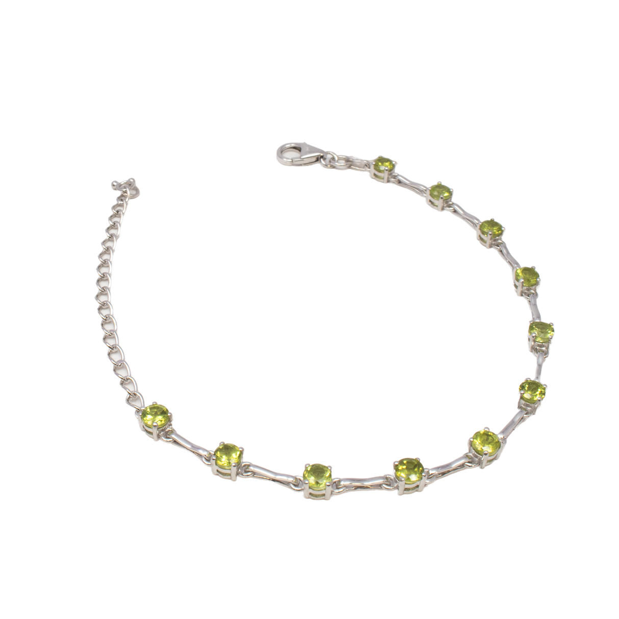 View of Faceted Peridot Link Bracelet - 11 4mm Rounds Prong Set with 925 Sterling Silver Bar Links In Between