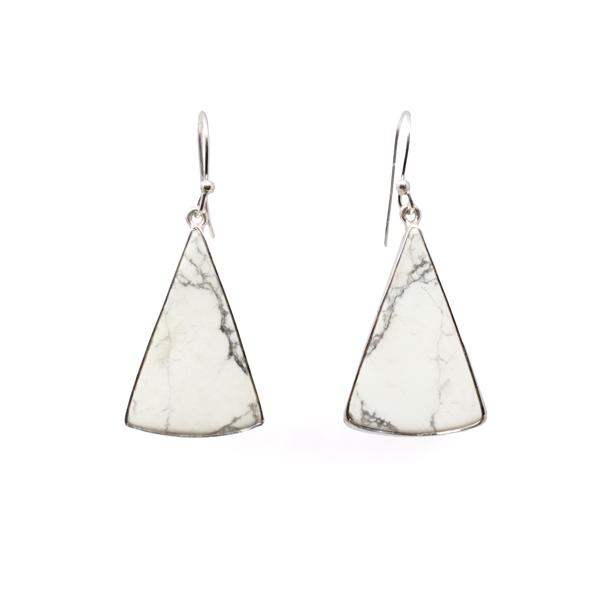 View of Howlite Dangle Earrings - Elongated Triangle Cabochon with 925 Sterling Silver Bezel