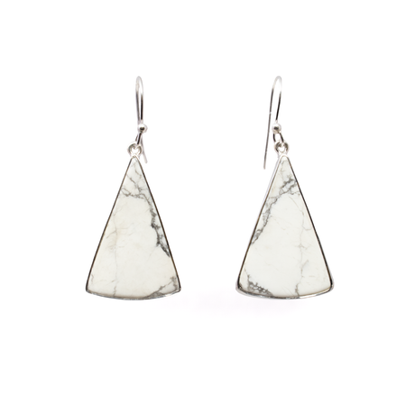 View of Howlite Dangle Earrings - Elongated Triangle Cabochon with 925 Sterling Silver Bezel