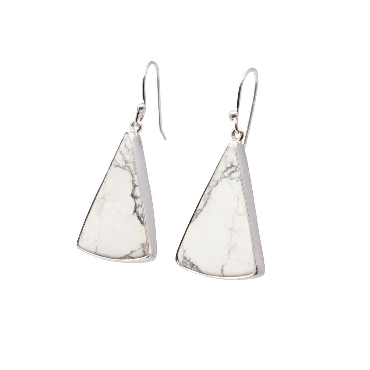 Howlite Dangle Earrings - Elongated Triangle Cabochon with 925 Sterling Silver Bezel