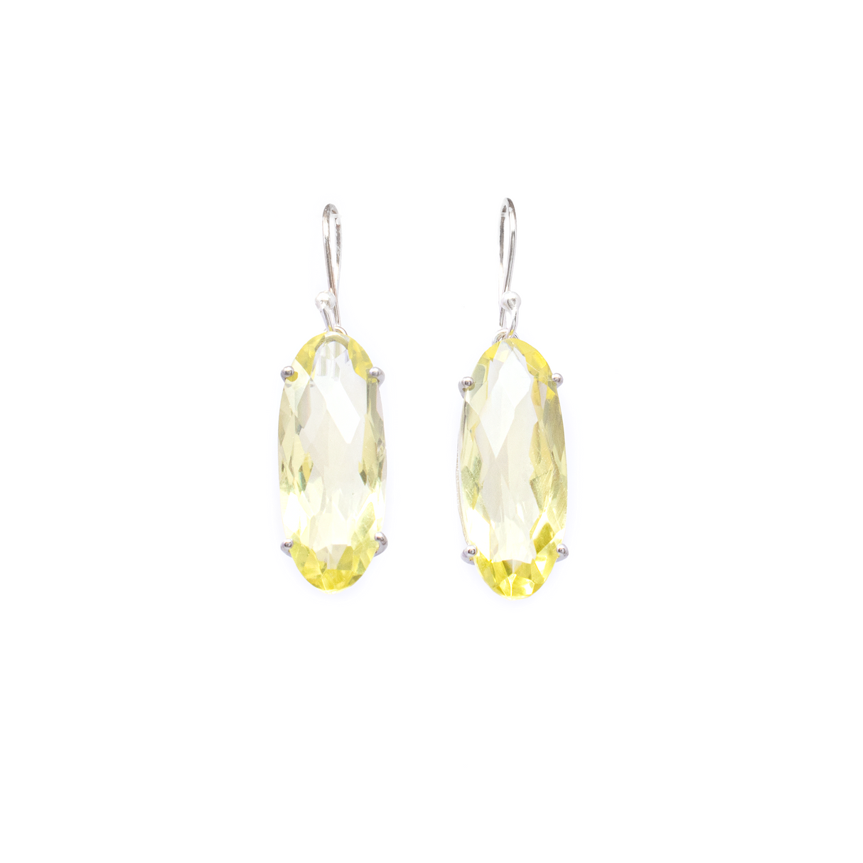 View of Lemon Quartz Dangle Earrings - Faceted Narrow Oval Prong Set with 925 Sterling Silver