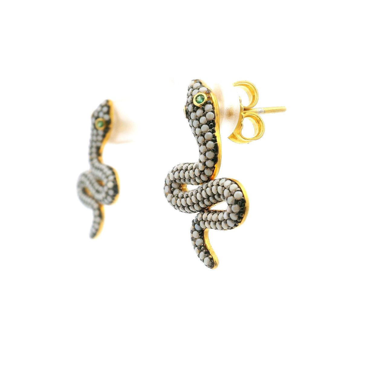Nano Stone Stud Earrings - White Snake with Green Eyes in Gold Vermeil over 925 Sterling Silver