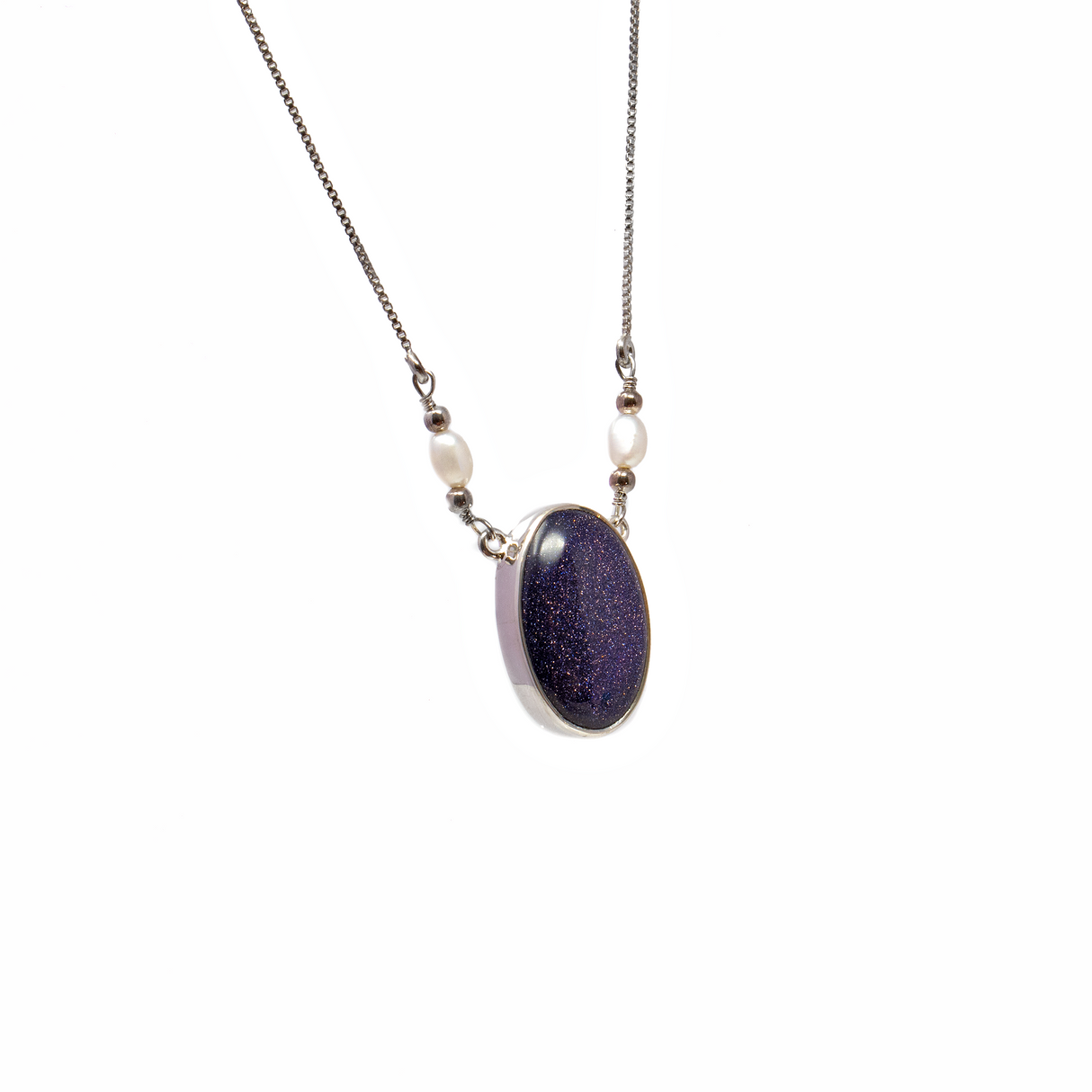 Blue Goldstone Necklace - Oval Cabochon with 2 Freshwater Pearls on Simple 925 Sterling Silver Box Chain