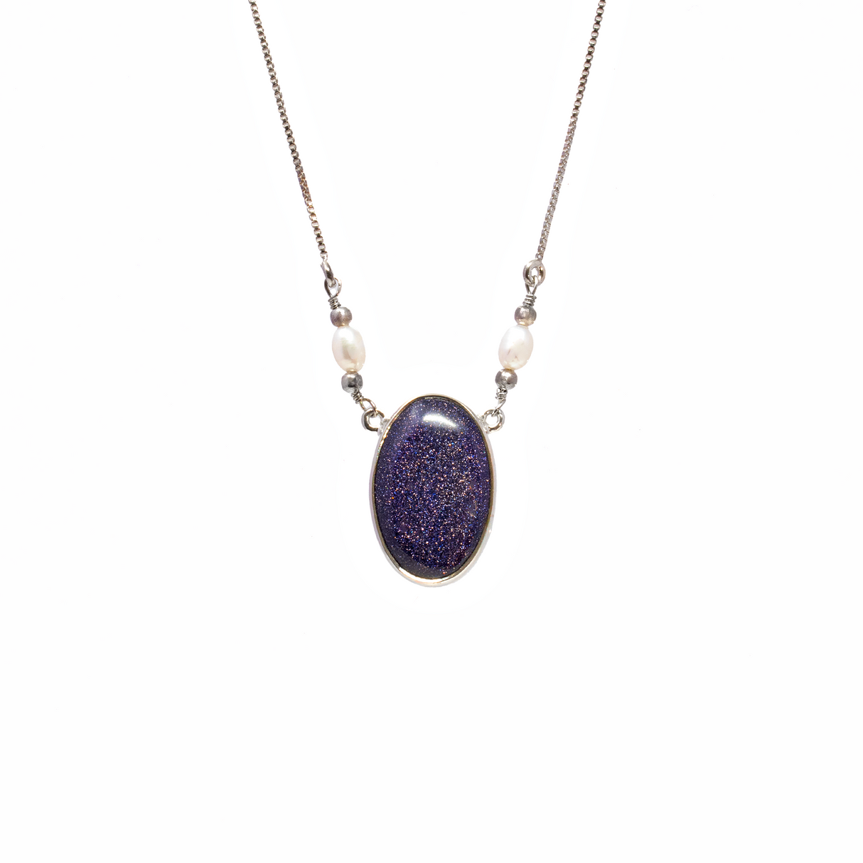 View of Blue Goldstone Necklace - Oval Cabochon with 2 Freshwater Pearls on Simple 925 Sterling Silver Box Chain